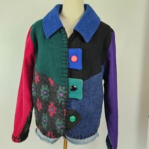 OOAK BaabaaZuzu Patchwork Upcycled Wool Regular Jacket L Burgundy‎ Black Blue